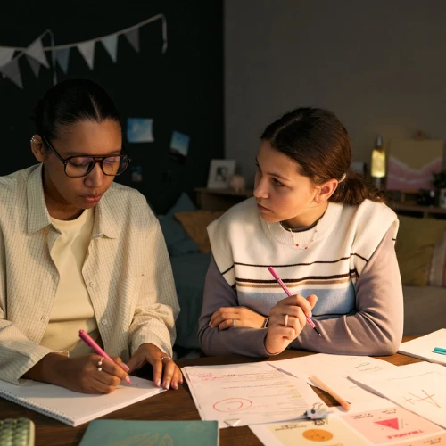 Young adult Black woman tutoring teenage Caucasian girl at desk, both focused on solving math problems together, using notebooks and worksheets during lesson in home setting